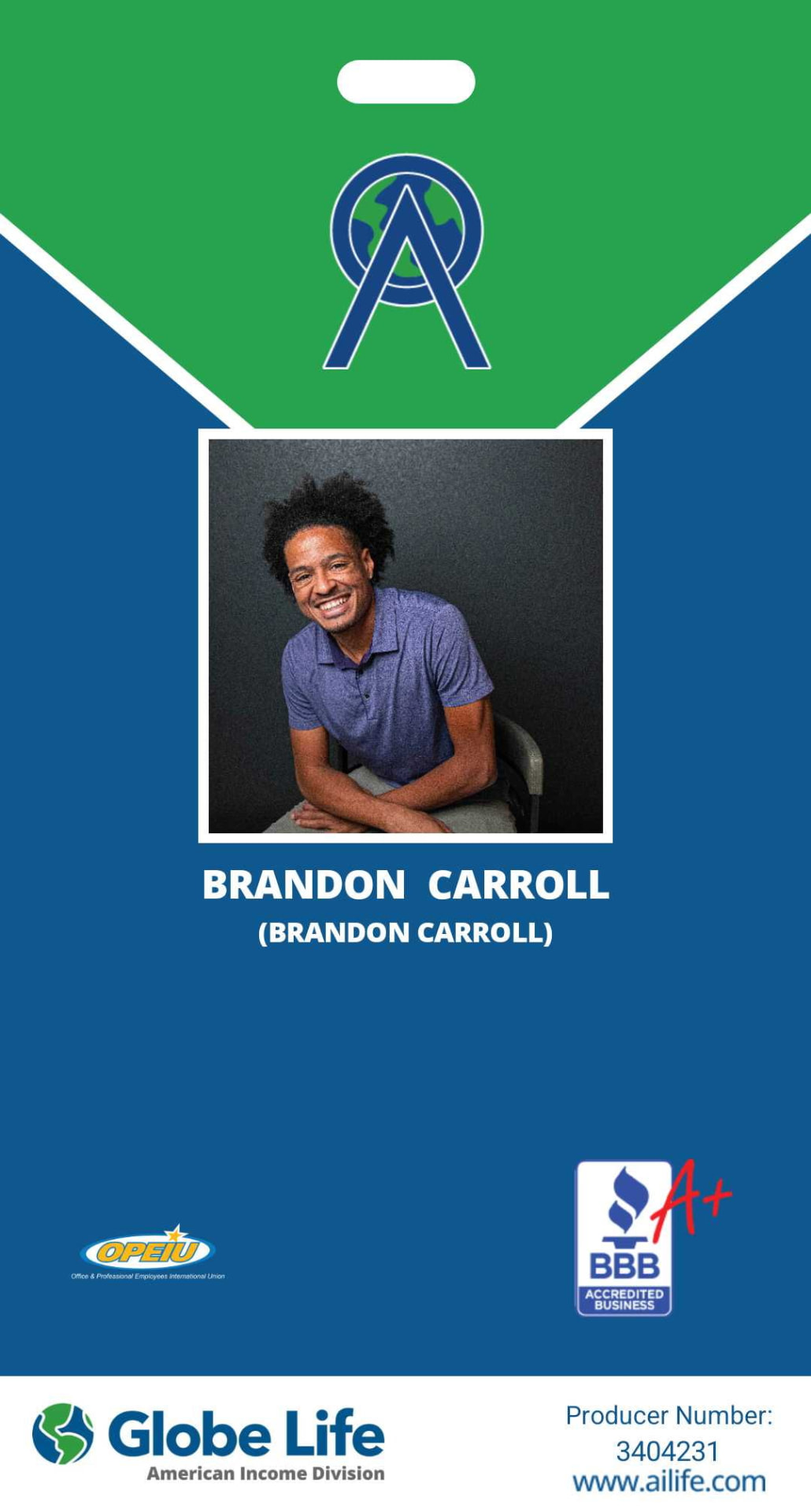BRANDON CARROLL — Benefits Representative, Globe Life American Income Division ID badge